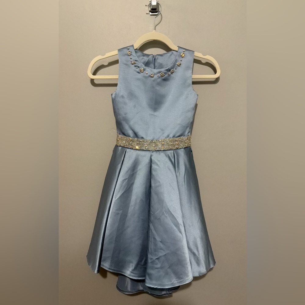 Girl’s Elegant Blue Satiny Dress Embellished Neckline & Waistband, Beautiful!